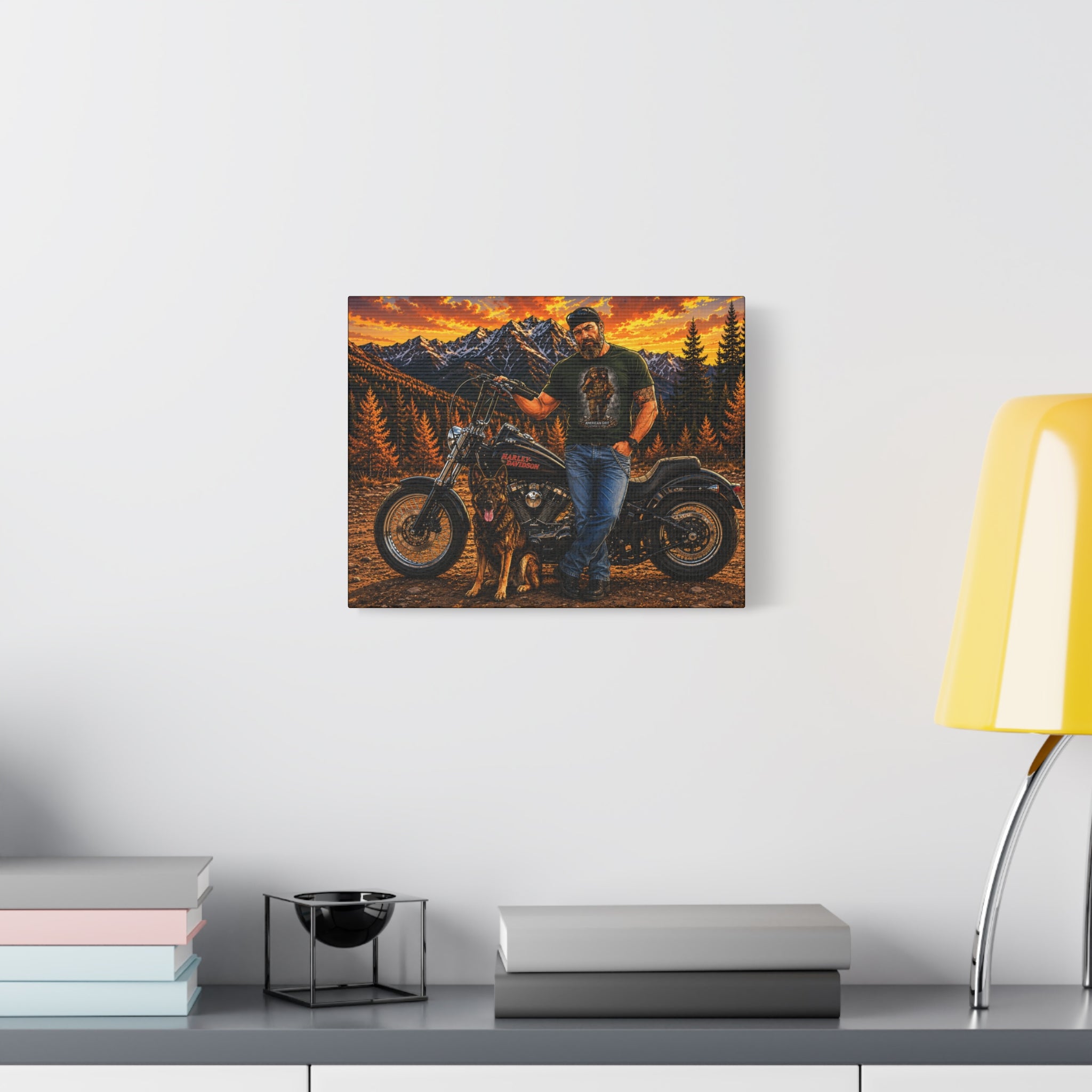 Biker & German Shepherd Matte Canvas Print — Sunset Mountain Motorcycle Wall Art