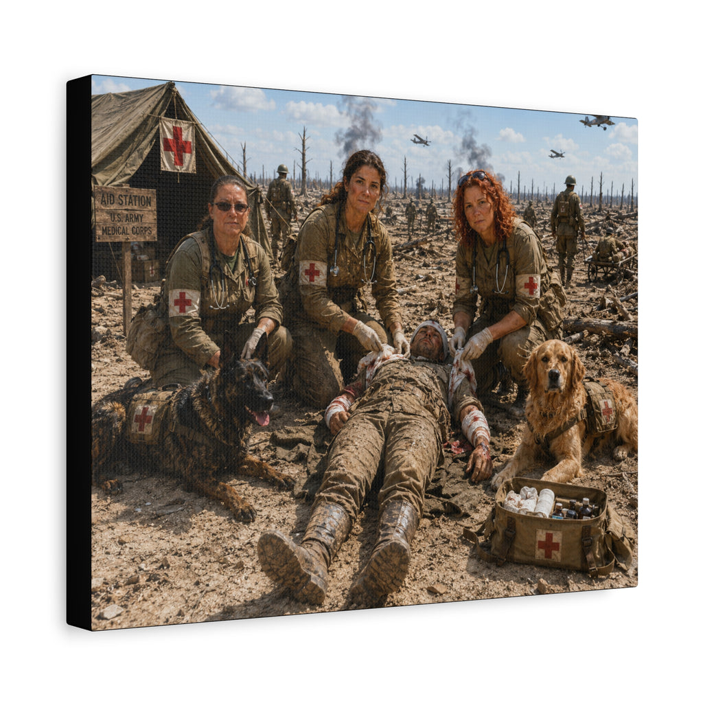 Military Women K-9 Medic Canvas Print — Battlefield Nurse Veterans Wall Art