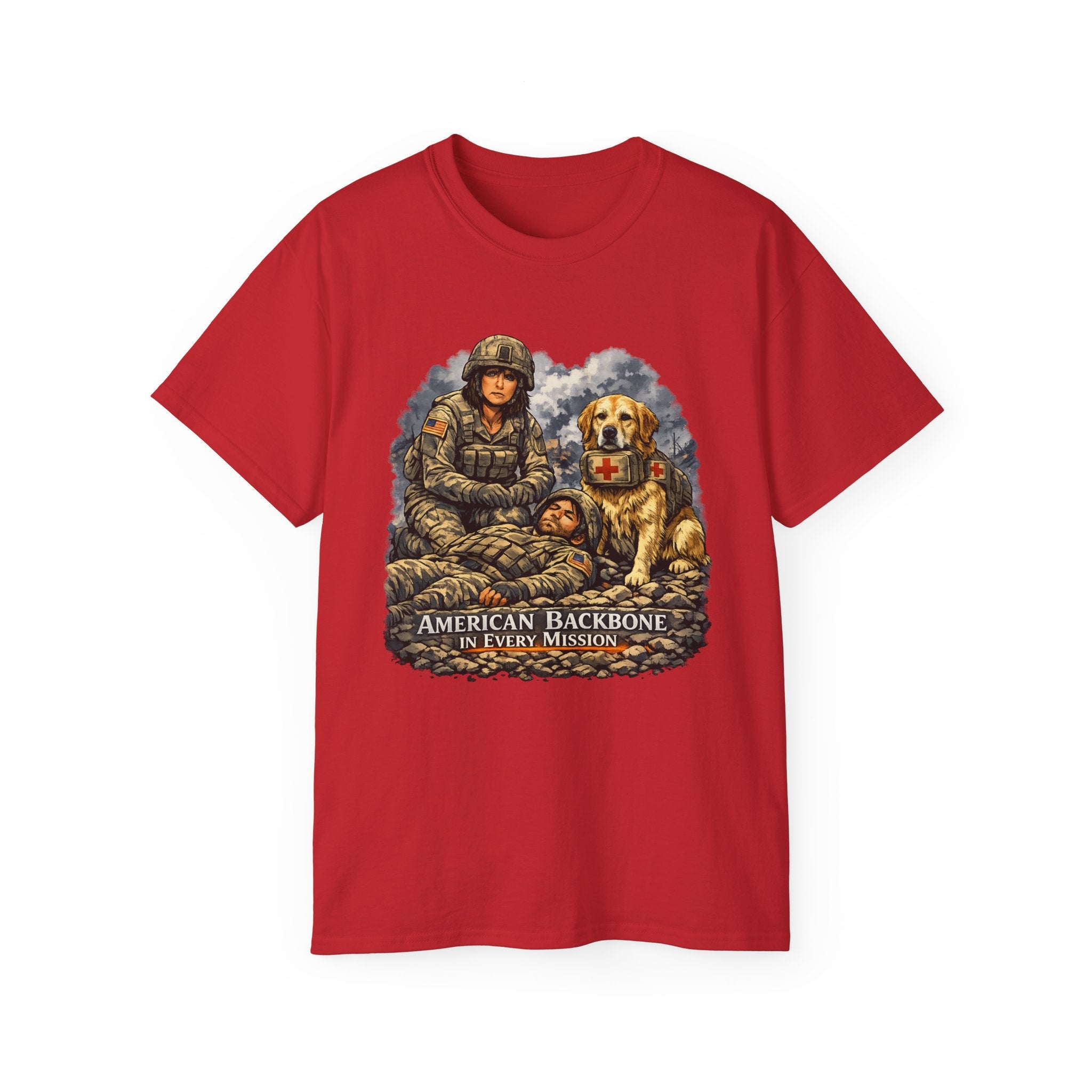 Military Veteran T‑Shirt – "American Backbone" Soldier & Service Dog Tribute Tee
