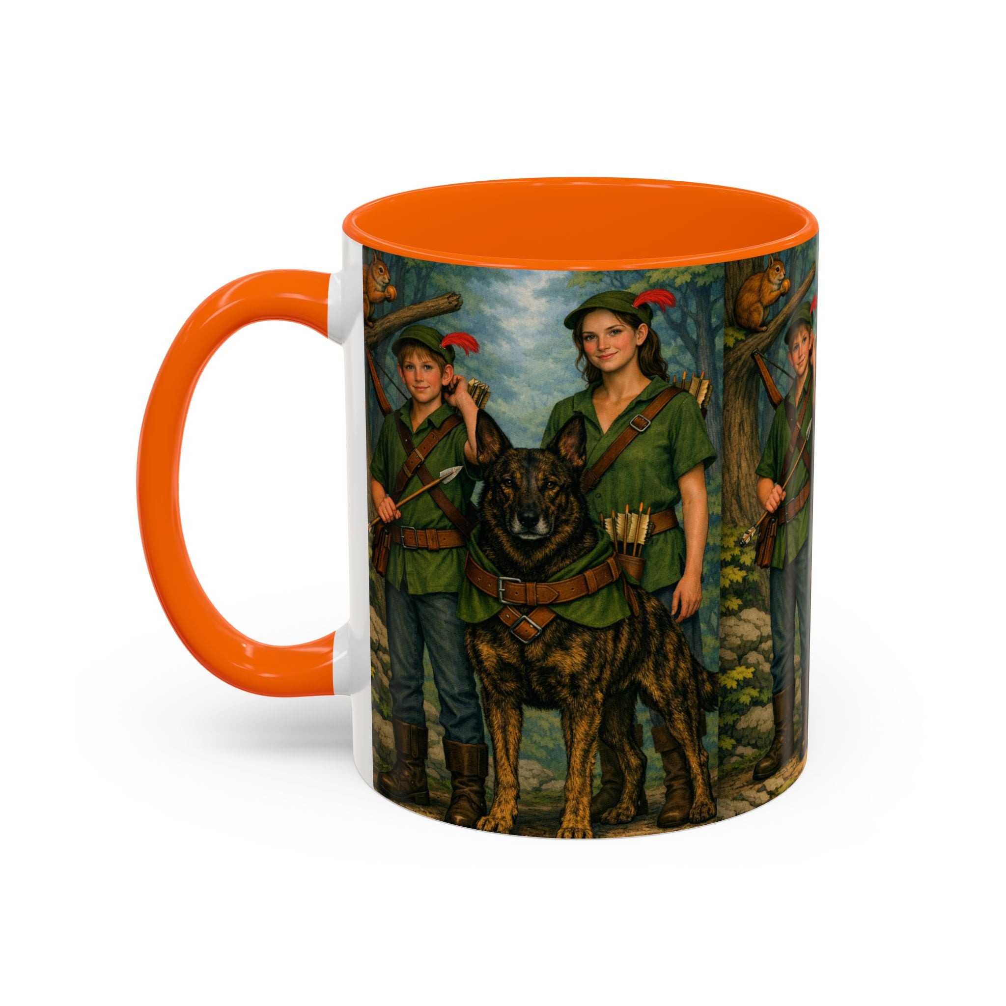 Robin Hood Duo &  Dutch Shepherd Dog Coffee Mug – Fantasy Archer Duo Illustration, Gift for Adventure Fans