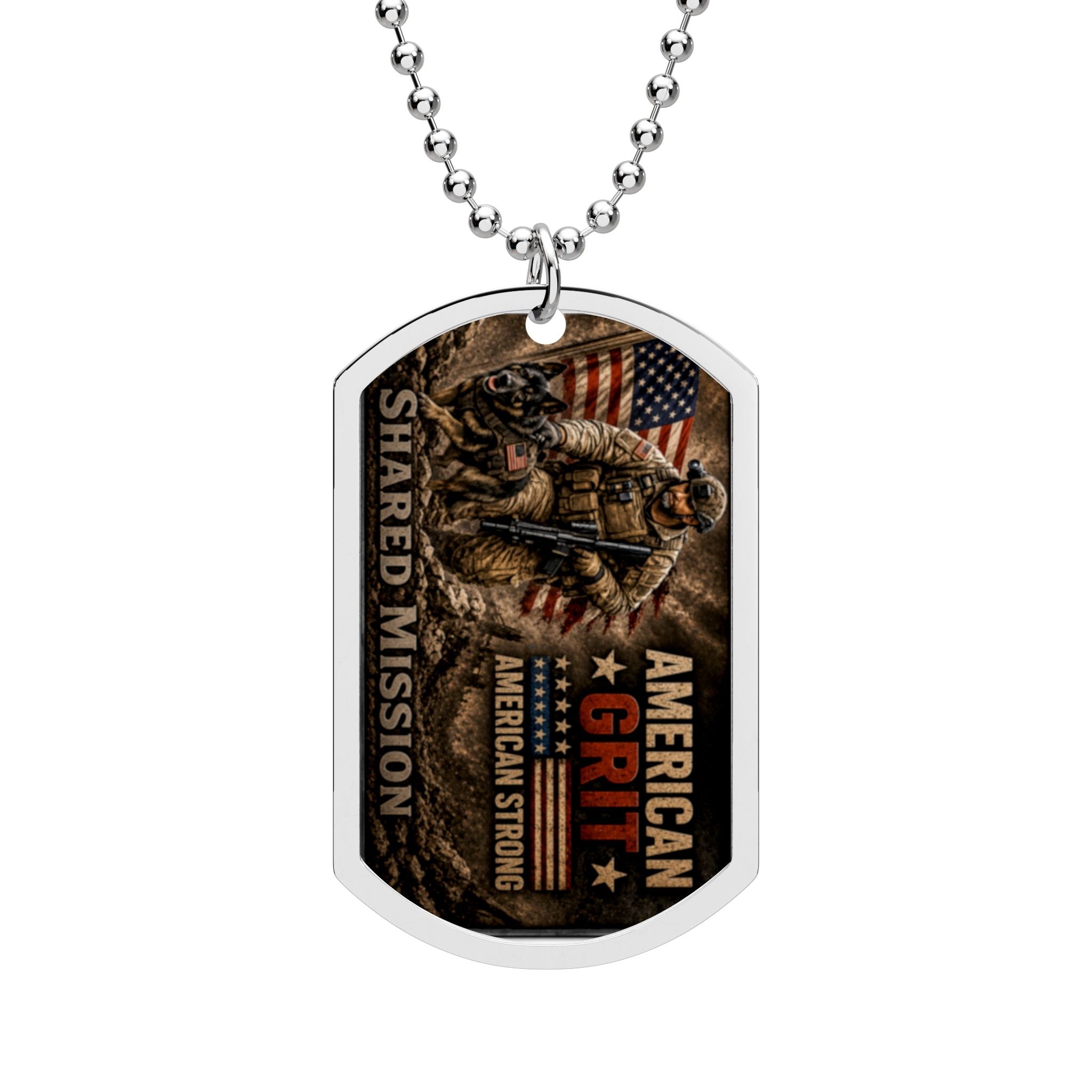 Military Dog Tag Necklace — "American Grit" Soldier Tribute with Flag