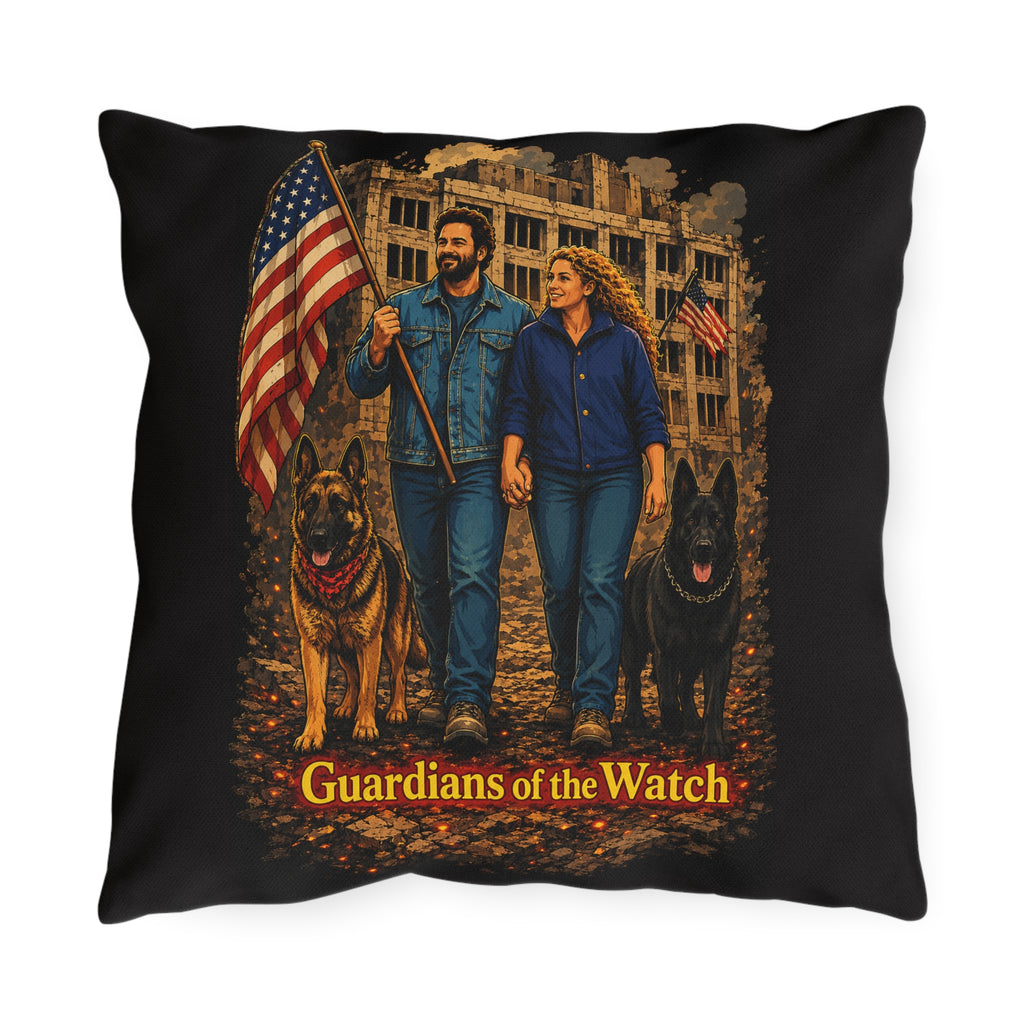 Outdoor Pillow — "Guardians of the Watch" Patriotic Couple with German Shepherds