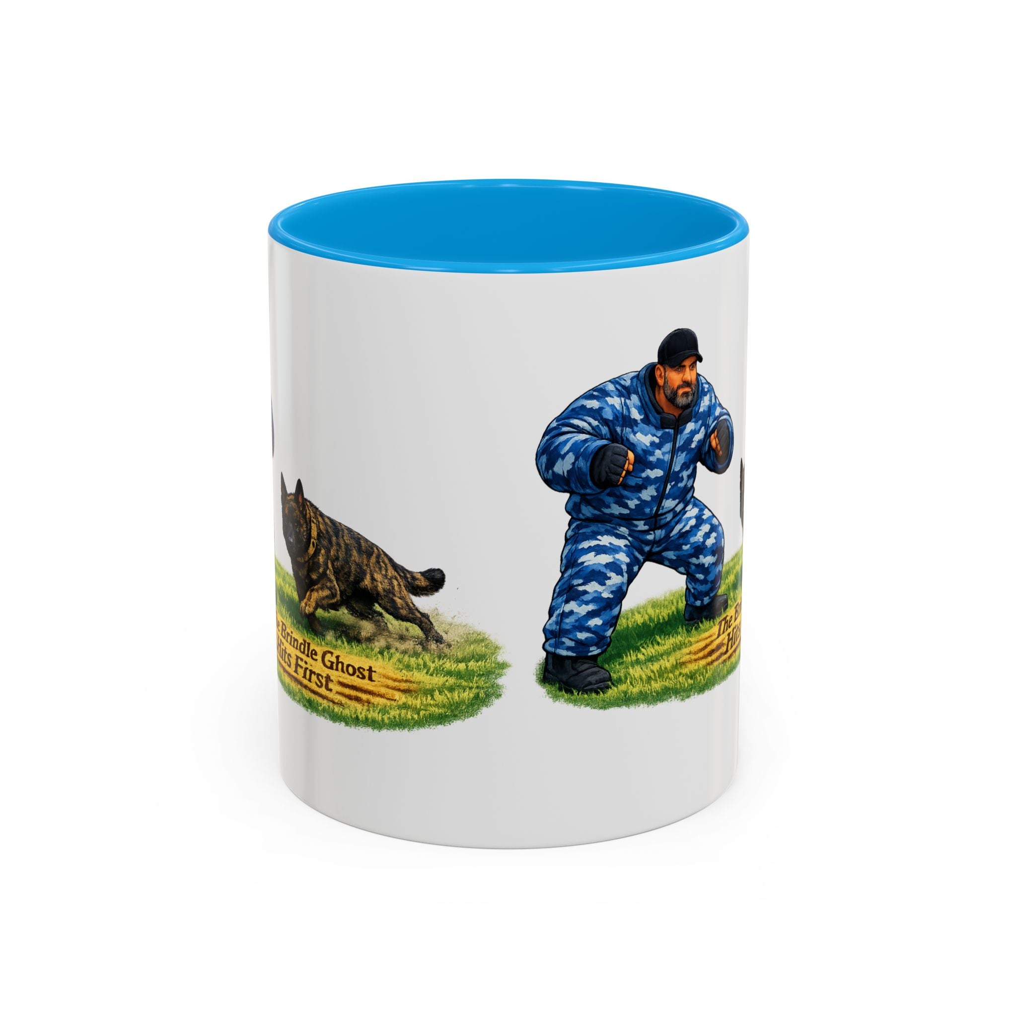 K9 Protection Trainer Mug — “The Brindle Ghost Hits First” Color Accent Coffee Cup (11oz/15oz)