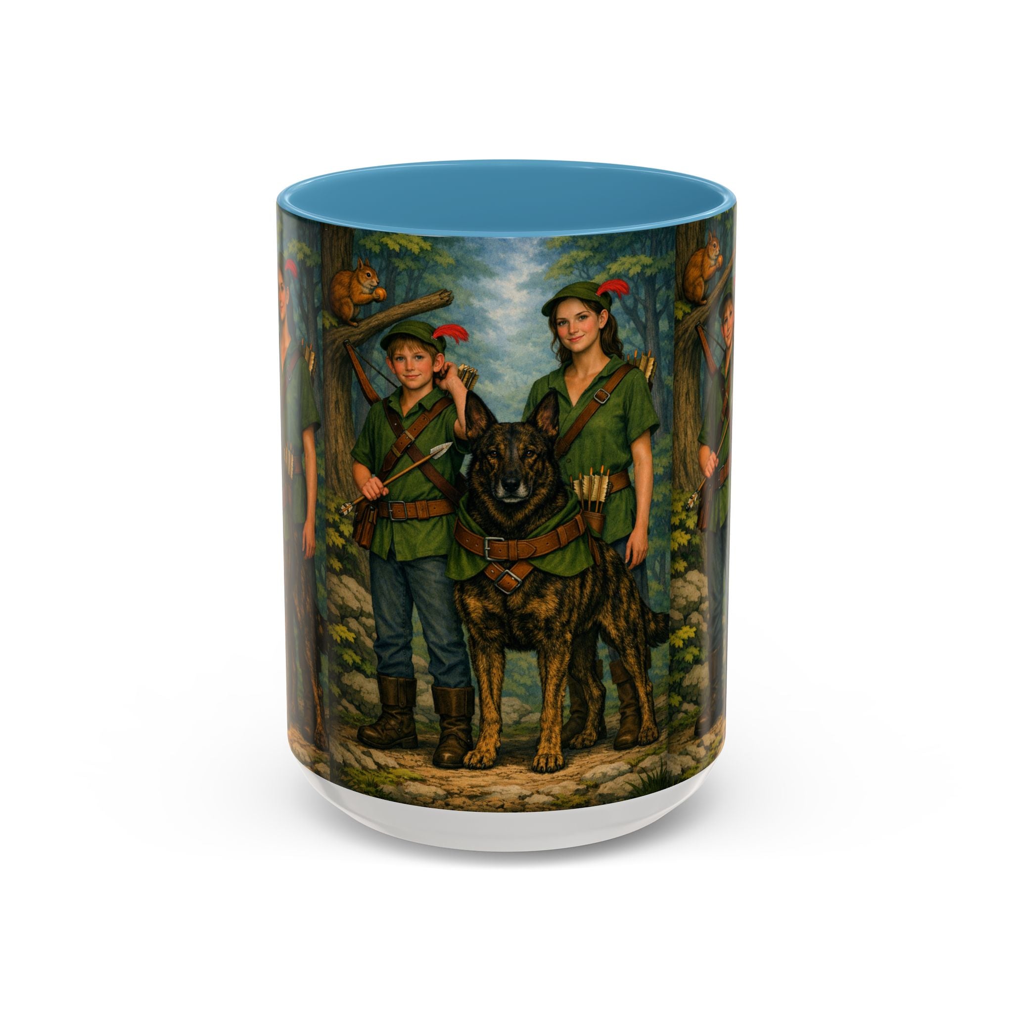 Robin Hood Duo &  Dutch Shepherd Dog Coffee Mug – Fantasy Archer Duo Illustration, Gift for Adventure Fans