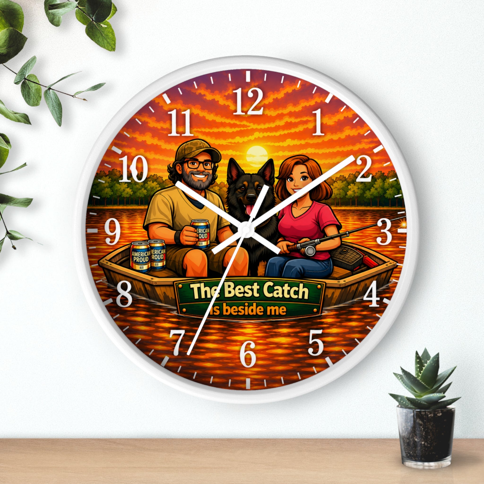 Fishing Couple Wall Clock — “The Best Catch Is Beside Me” Sunset Boat Clock
