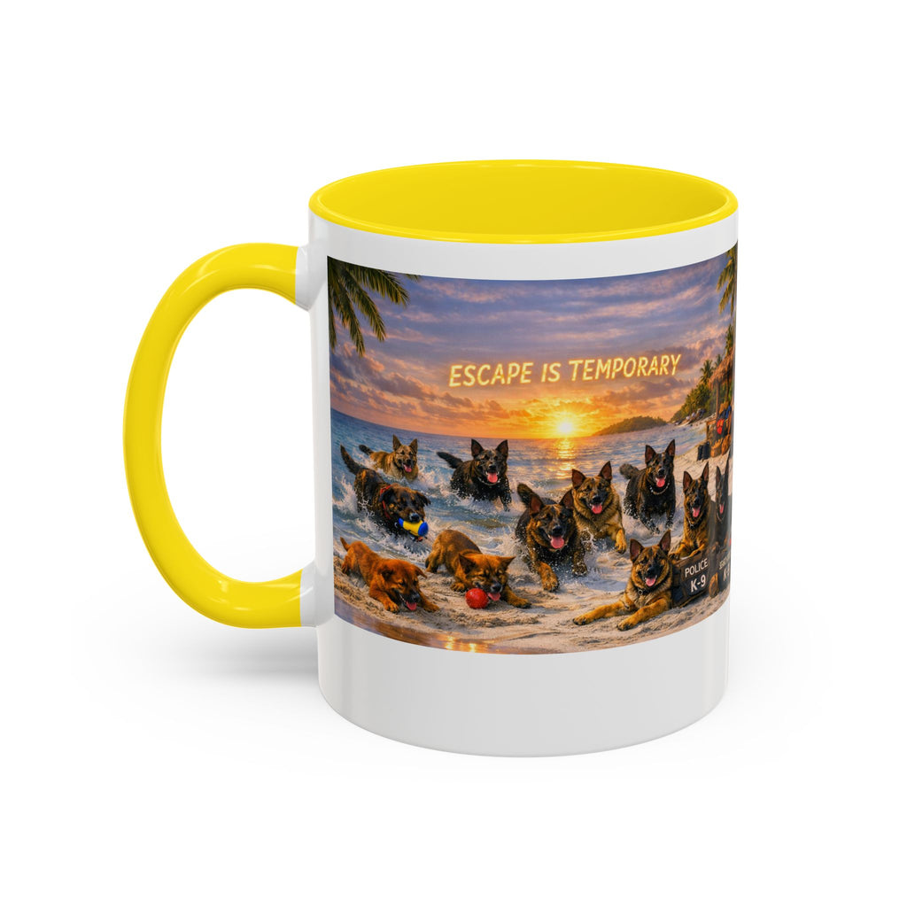 Dutch Shepherd Beach Coffee Mug — "Escape Is Temporary" Accent Mug (11/15oz)