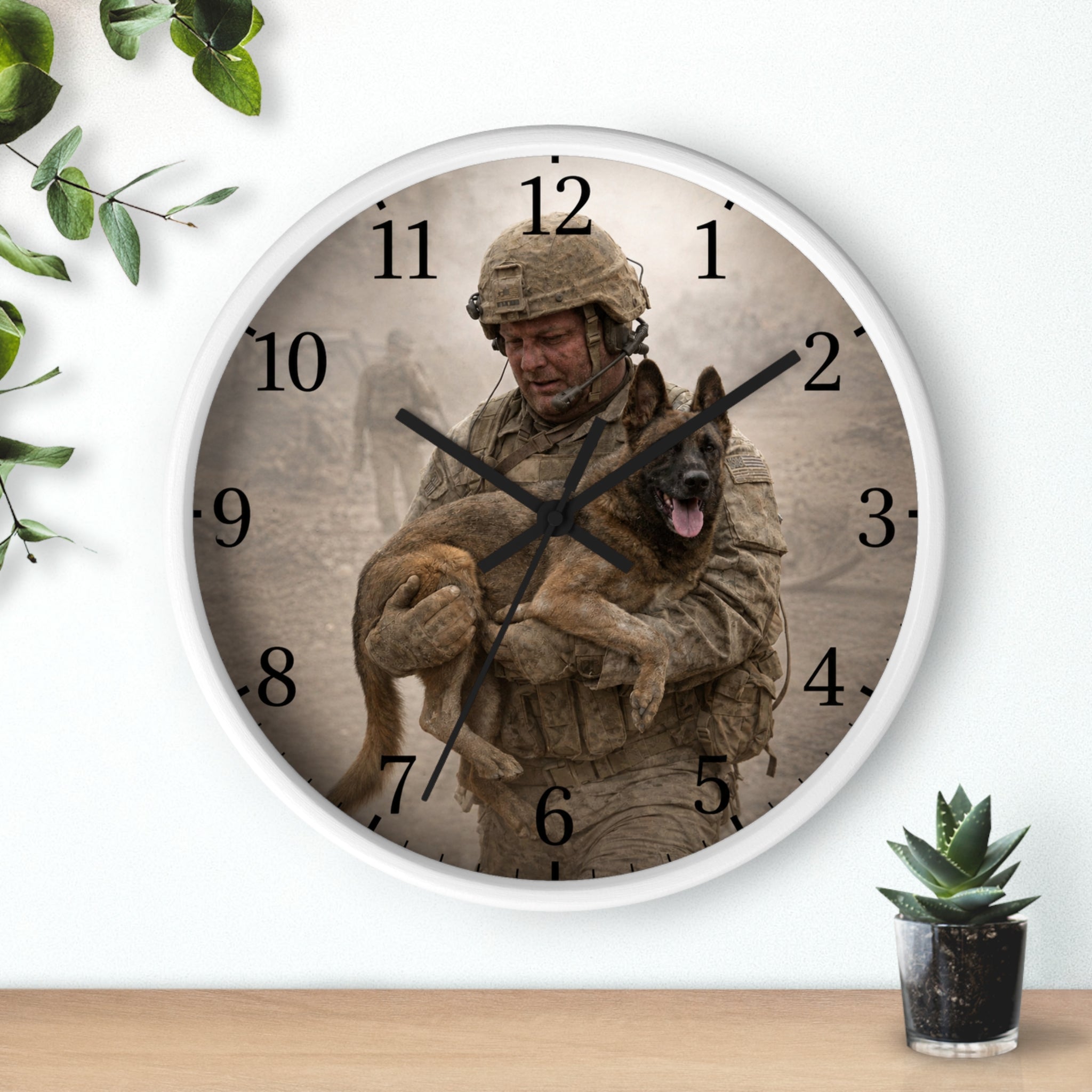 Military K9 Rescue Wall Clock — Soldier Holding Service Dog