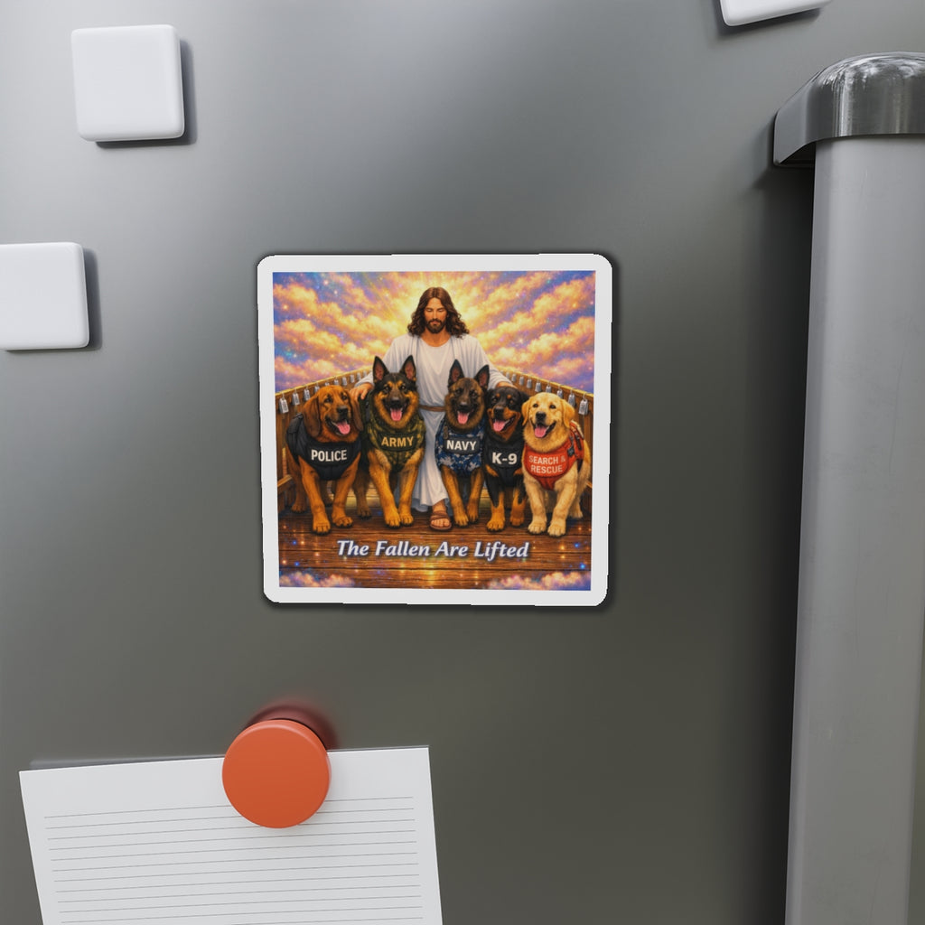The Fallen Are Lifted Die-Cut Magnet — Jesus with Police, Army, Navy & K-9 Service Dogs