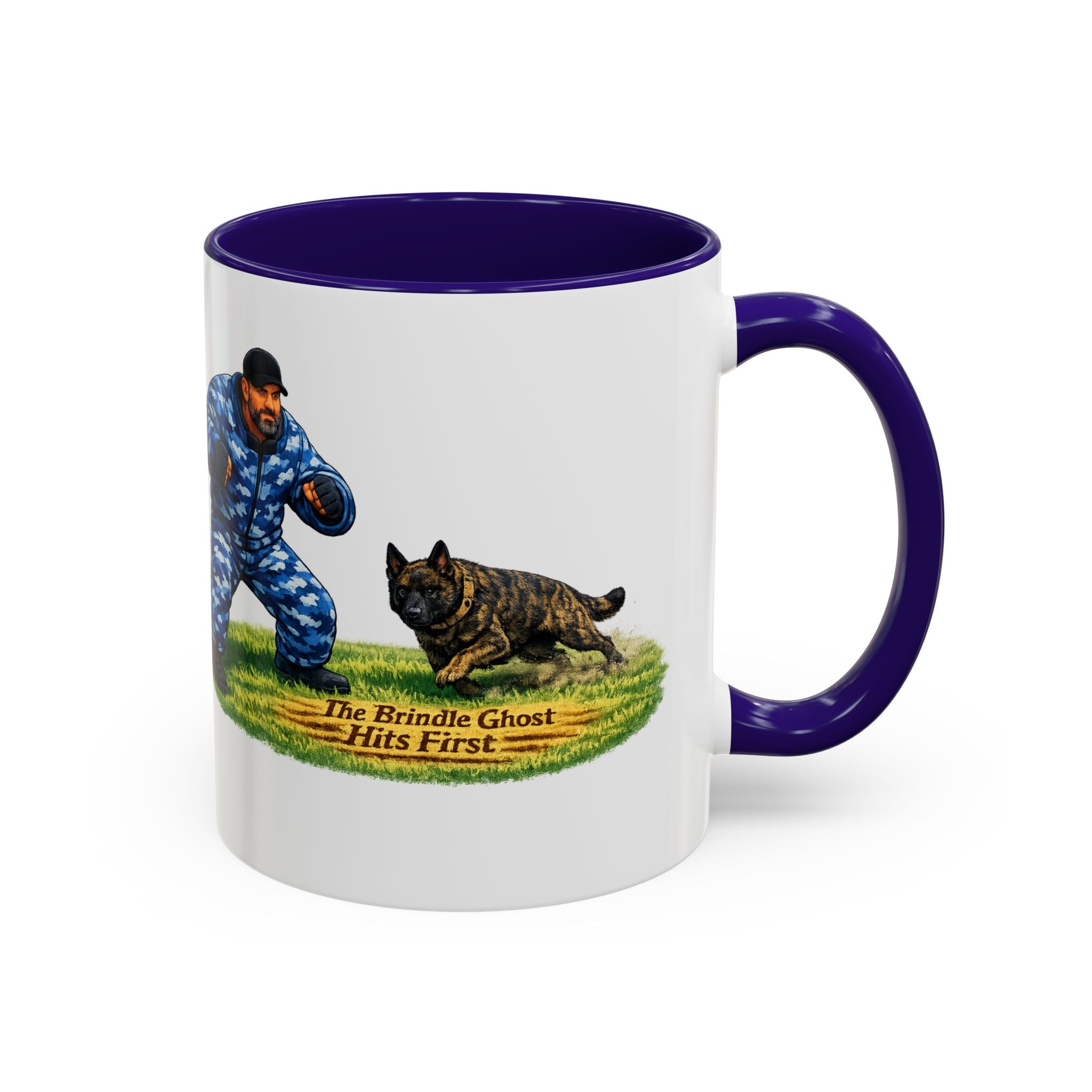 K9 Protection Trainer Mug — “The Brindle Ghost Hits First” Color Accent Coffee Cup (11oz/15oz)