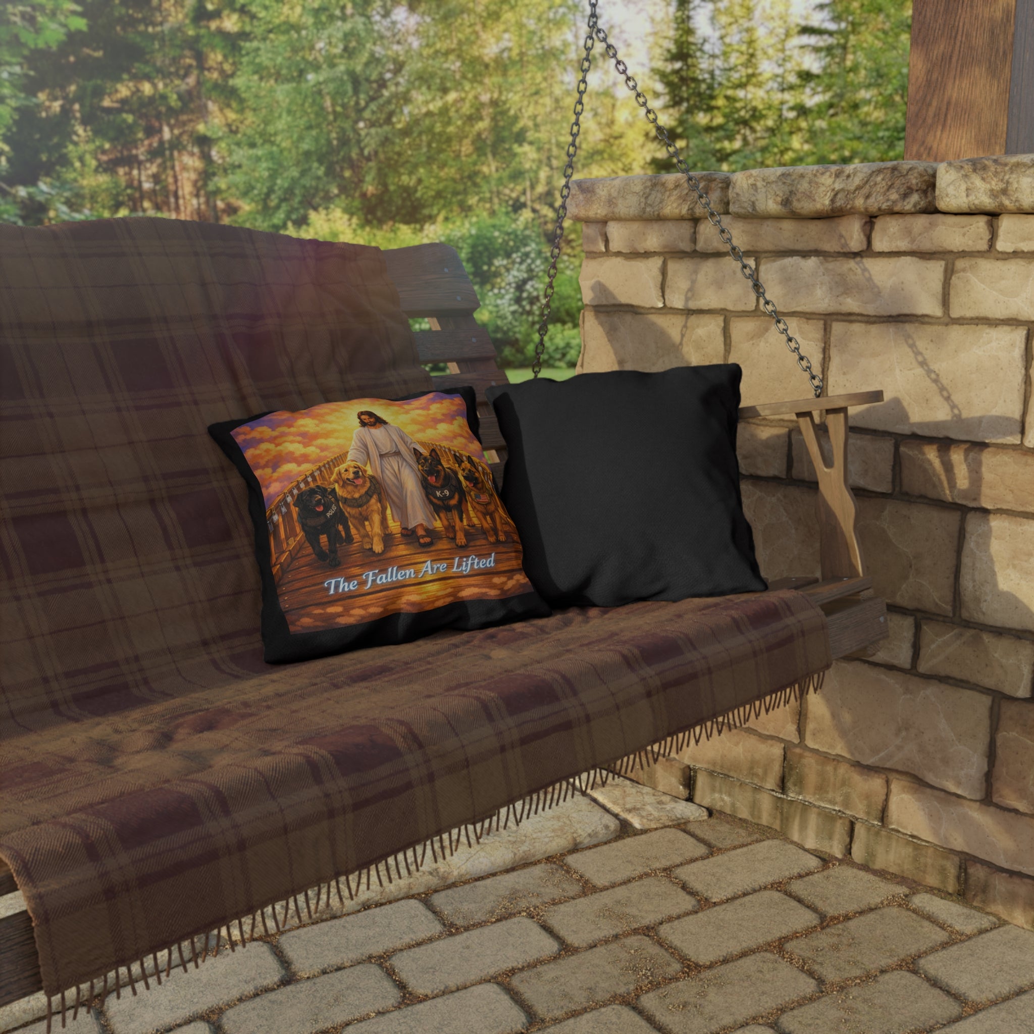 Christian Memorial Outdoor Pillow – “The Fallen Are Lifted” K-9 Tribute