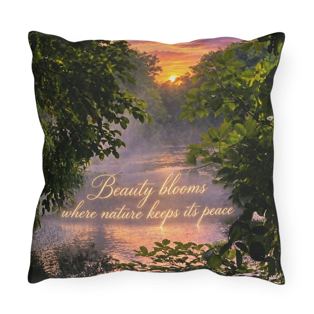 Outdoor Decorative  Pillow – “Beauty Blooms Where Nature Keeps Its Peace” Sunset Lake Nature Decor