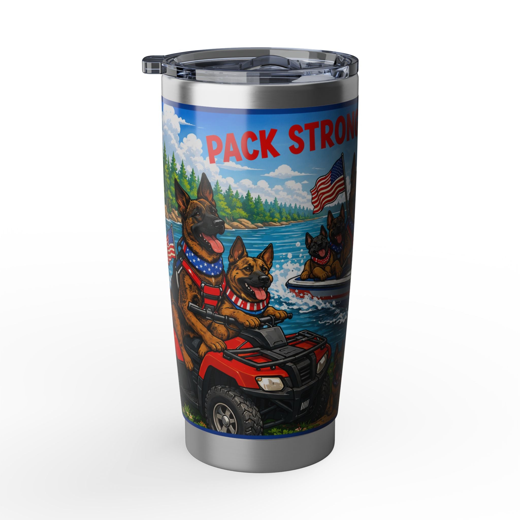 Patriotic German Shepherd 20oz Tumbler - "Strong Summer" Boat & Lake Design