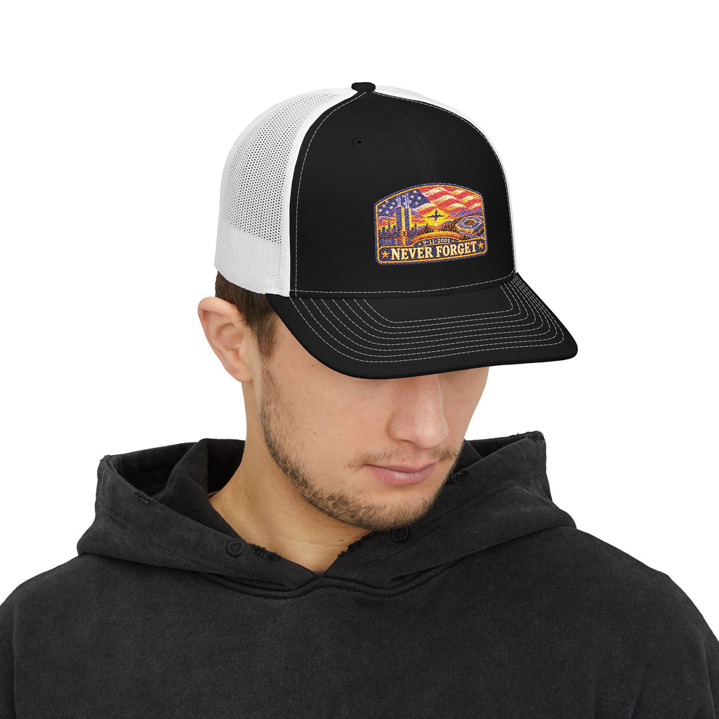 Never Forget Trucker Cap — American Flag 9/11 Memorial Snapback