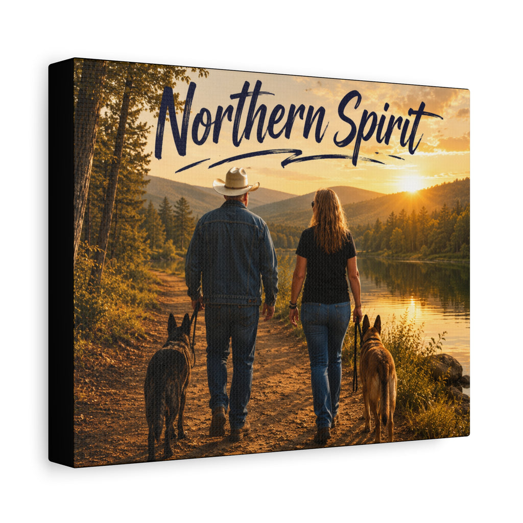Northern Spirit Canvas Wall Art - Rustic Couple & Dogs Sunset Print