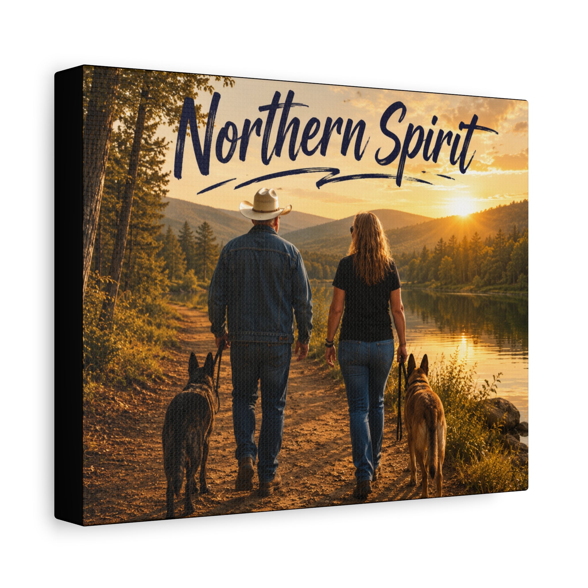 Northern Spirit Canvas Wall Art - Rustic Couple & Dogs Sunset Print