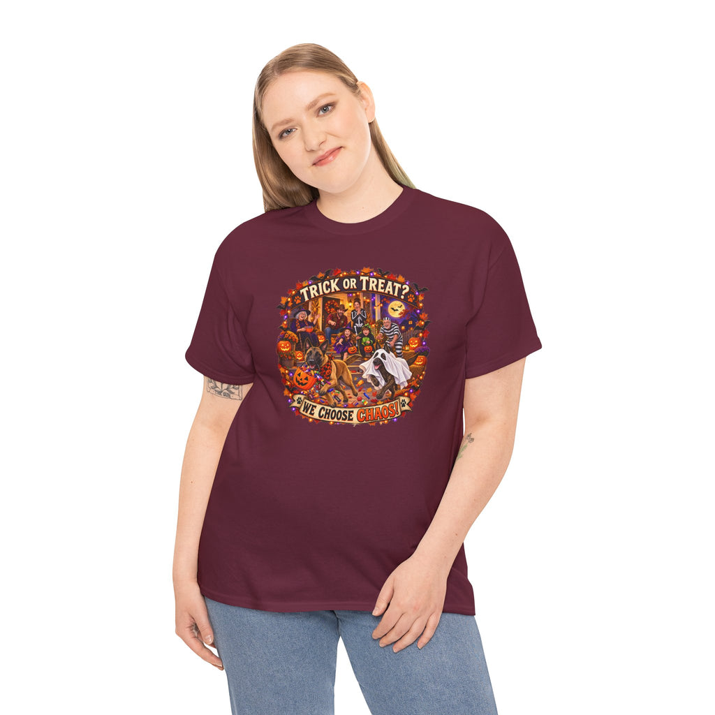 Halloween Trick or Treat T‑Shirt — 'Trick or Treat? We Choose' Spooky Malinois K-9  Graphic Tee