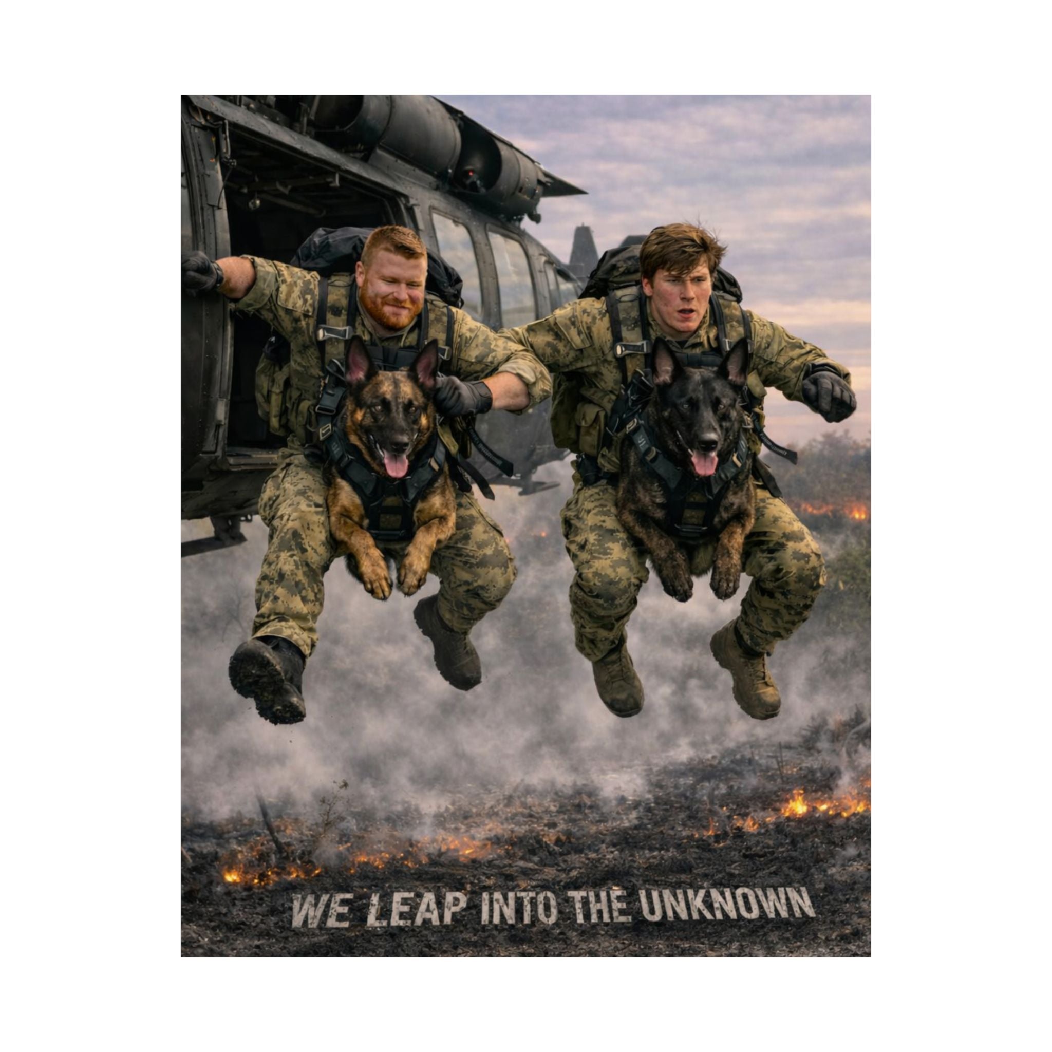 Military Paratroopers K-9 Team Poster — "We Leap Into The Unknown" Satin Print