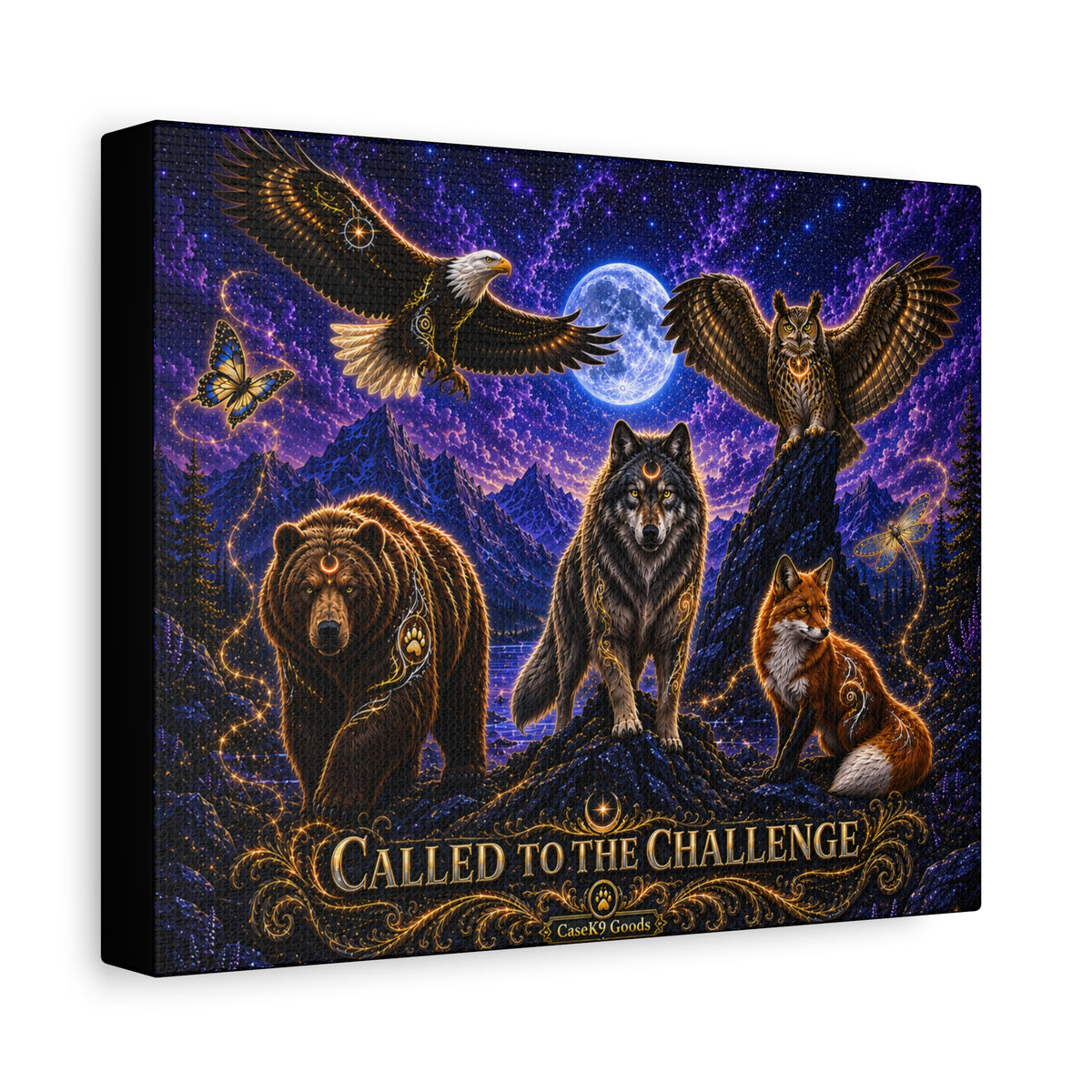 Called to the Challenge Matte Canvas Wall Art — Wolf, Bear, Eagle & Fox Nightscape