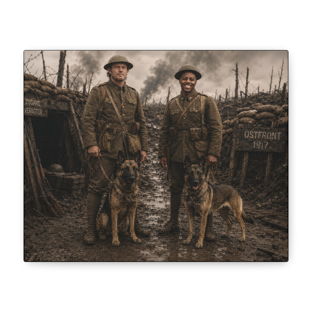 World War I Soldiers with Dogs Matte Canvas Wall Art – 1917 Trench Scene