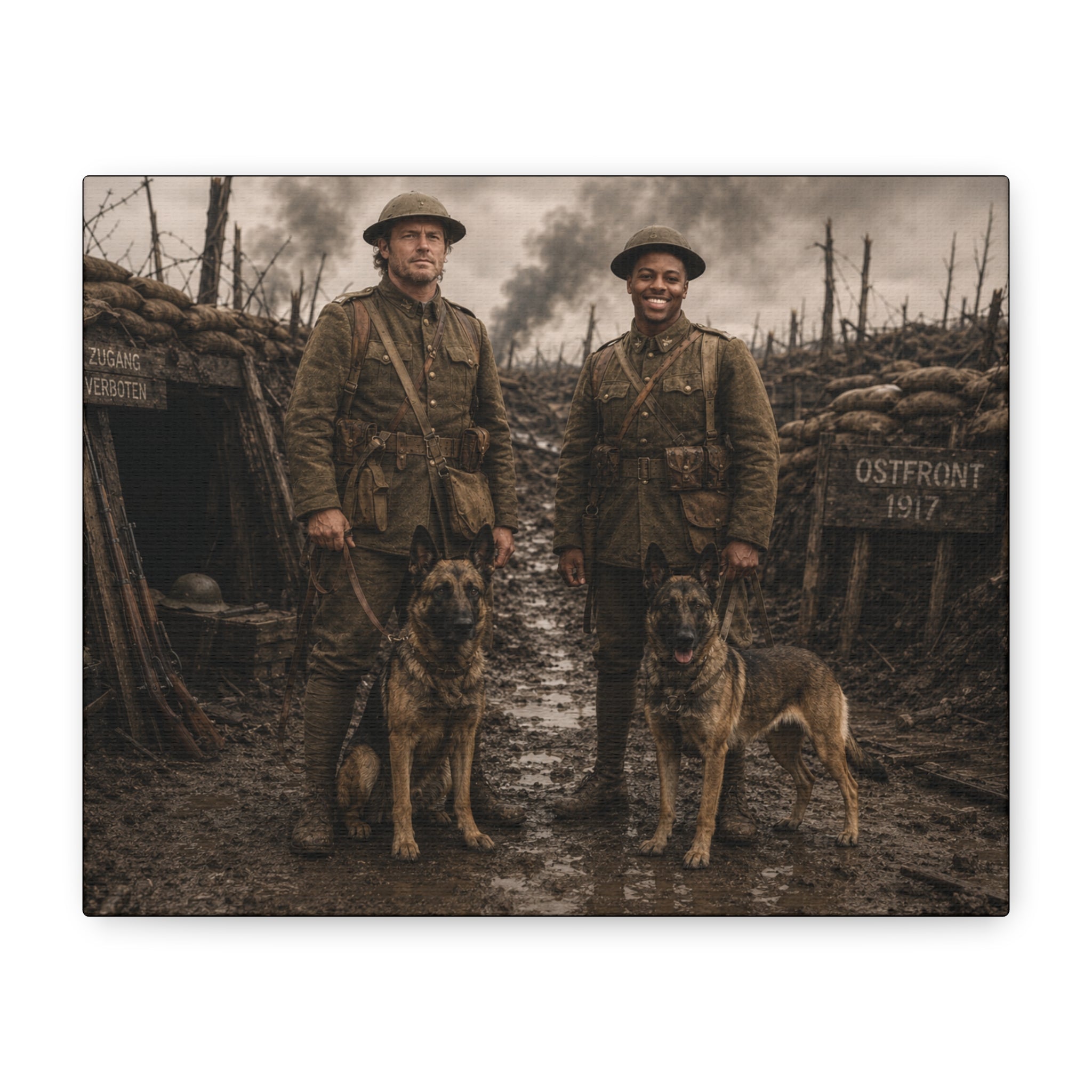 World War I Soldiers with Dogs Matte Canvas Wall Art – 1917 Trench Scene