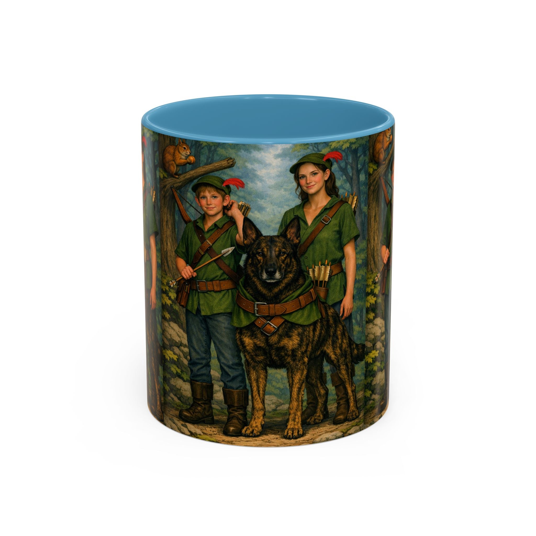 Robin Hood Duo &  Dutch Shepherd Dog Coffee Mug – Fantasy Archer Duo Illustration, Gift for Adventure Fans