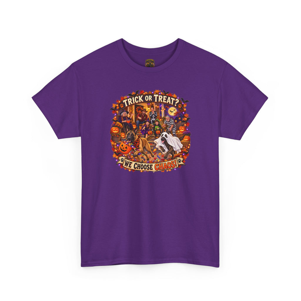 Halloween Trick or Treat T‑Shirt — 'Trick or Treat? We Choose' Spooky Malinois K-9  Graphic Tee