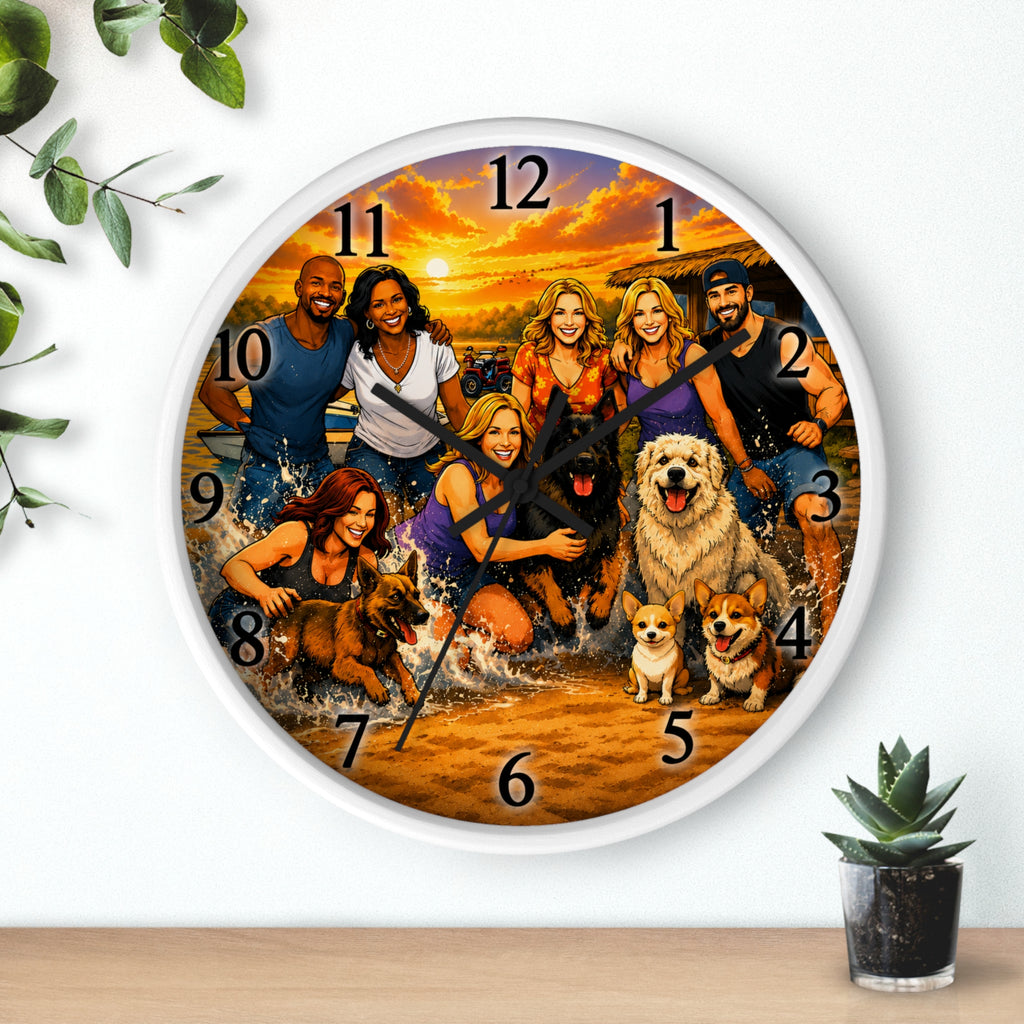 Sandy Paws Beach Wall Clock — Sunset Family and Dogs Portrait Design
