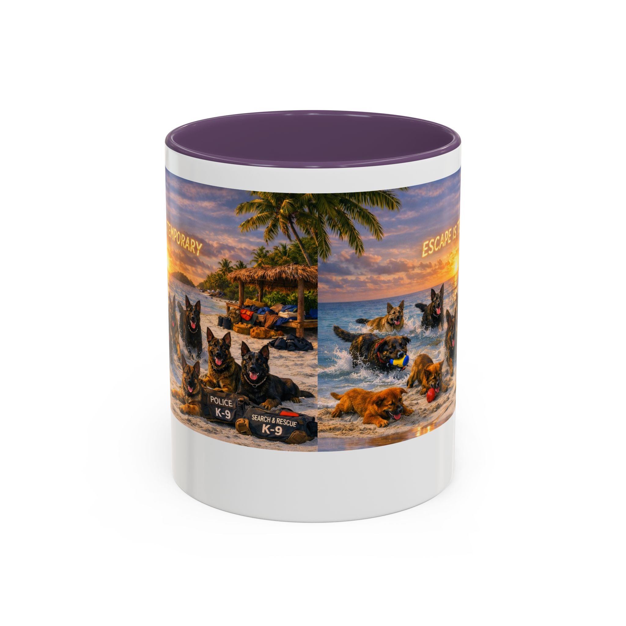 Dutch Shepherd Beach Coffee Mug — "Escape Is Temporary" Accent Mug (11/15oz)
