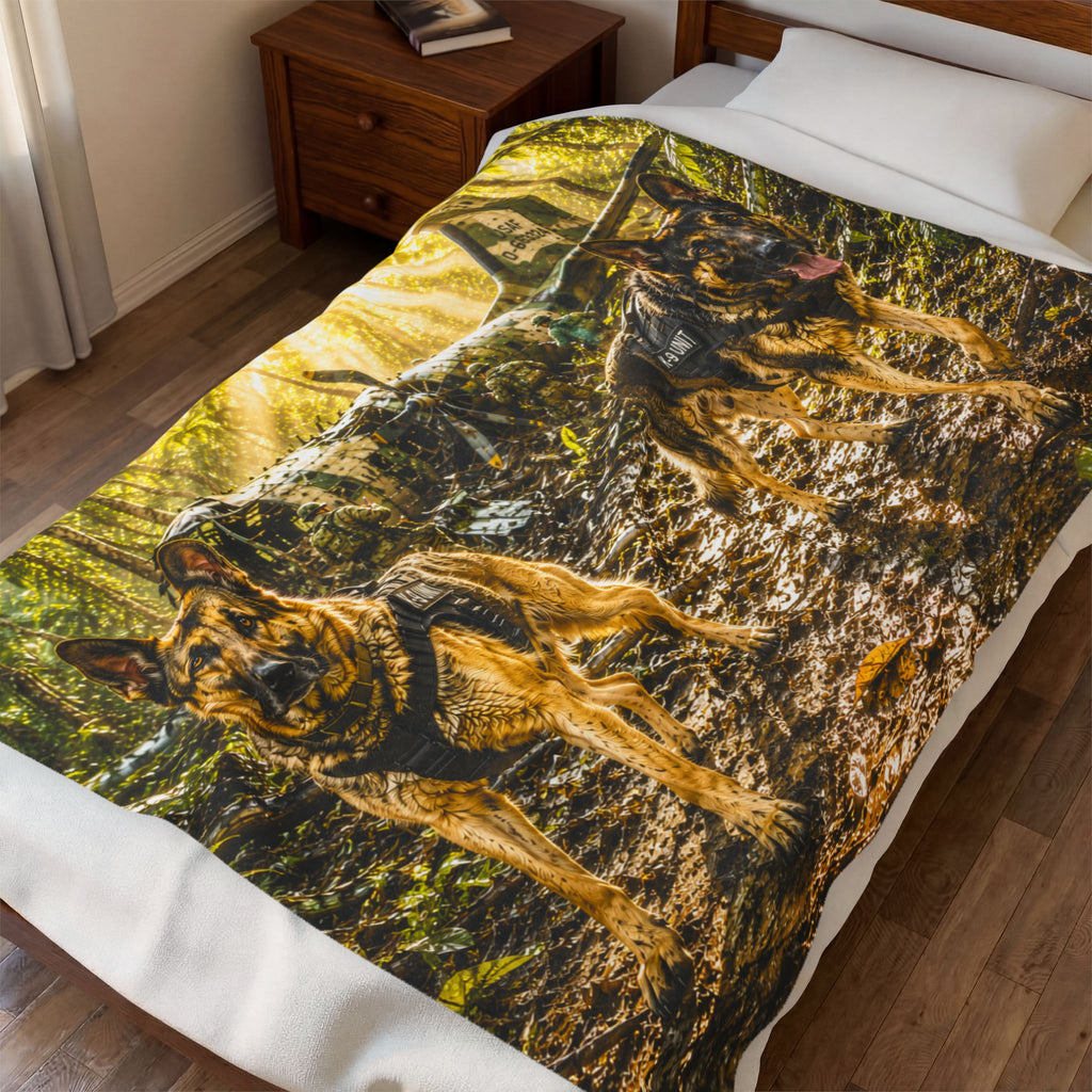 Shepherd Velveteen Plush Blanket — Dog-Lover Throw with Military K-9 Sunlit Forest Design