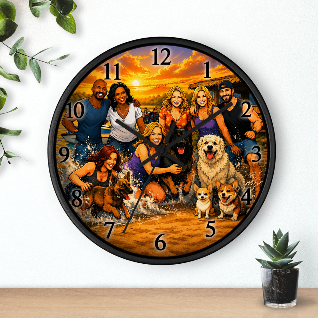 Sandy Paws Beach Wall Clock — Sunset Family and Dogs Portrait Design