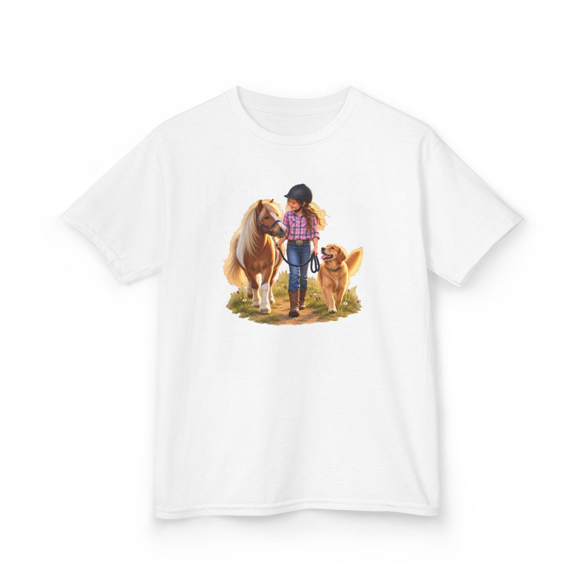 Kids Tee — Little Rider with Pony & Dog Illustration