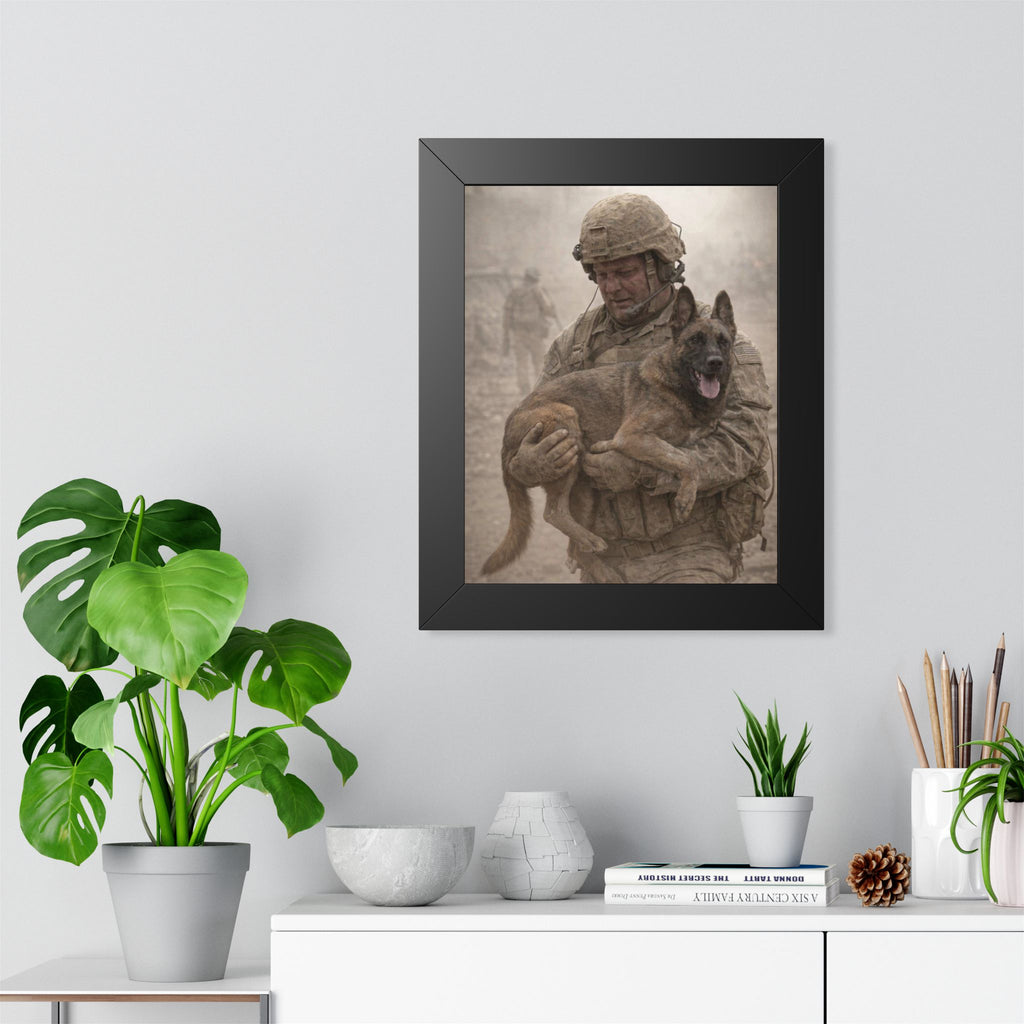 Framed Poster — Soldier Holding Military Working Dog (Veteran Tribute)