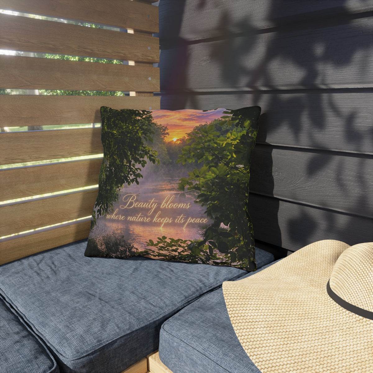 Outdoor Decorative  Pillow – “Beauty Blooms Where Nature Keeps Its Peace” Sunset Lake Nature Decor