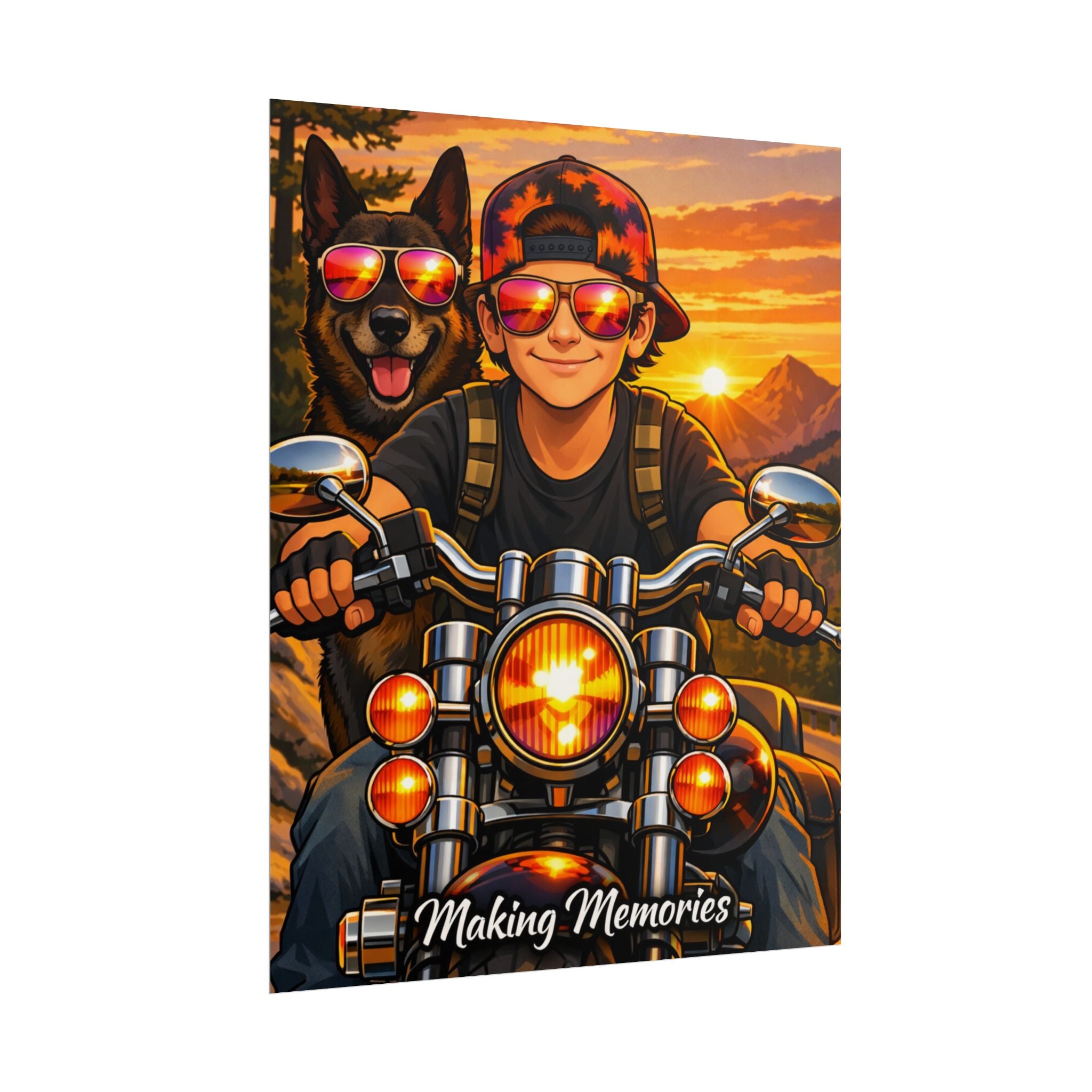 Rolled Poster — "Making Memories" Motorcycle Rider & Dog Sunset Art