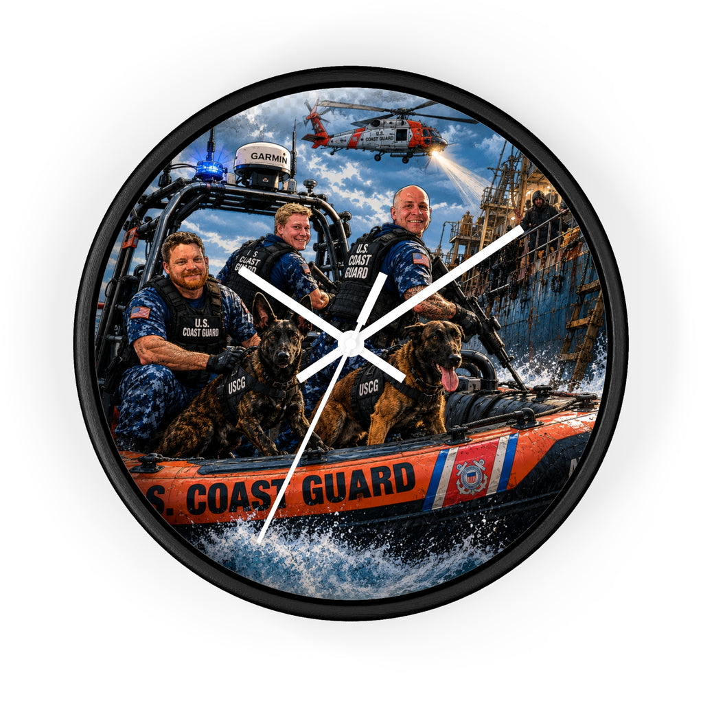 U.S. Coast Guard Rescue Team Wall Clock — Patriotic Military Rescue Boat Design