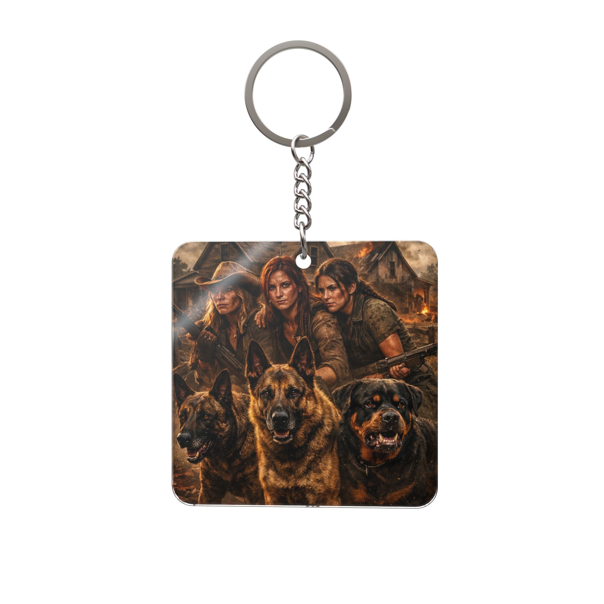 Family Warriors & Dogs Square Keychain — Western Home RPG Adventure Keyring