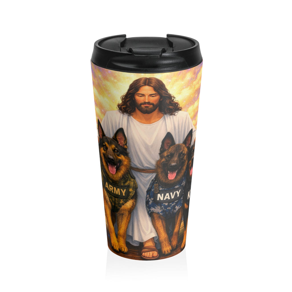 Christian Guardian Dogs Stainless Steel Travel Mug — Jesus with K9 Service Dogs (Army, Navy, Police, Rescue)