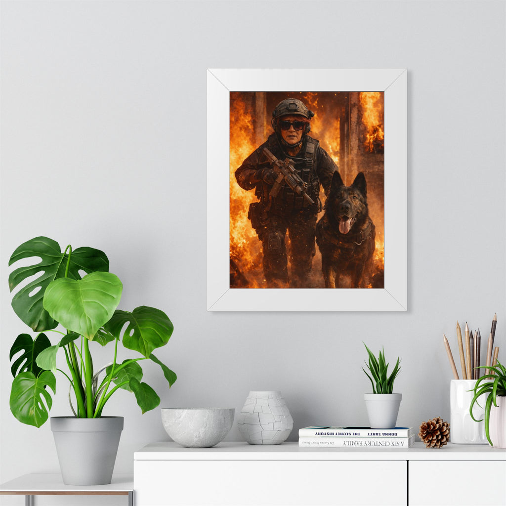 Framed Poster — Tactical Soldier with K9 in Fiery Action Scene