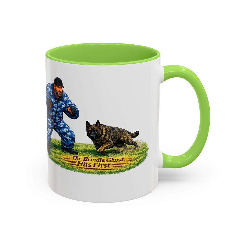 K9 Protection Trainer Mug — “The Brindle Ghost Hits First” Color Accent Coffee Cup (11oz/15oz)