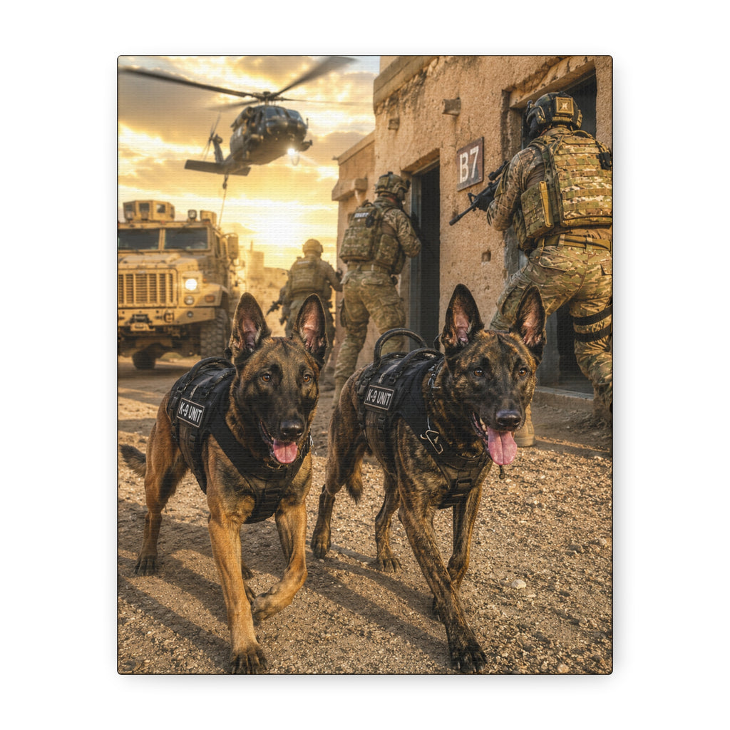 Military Working Dogs Canvas Print — K9 Unit Action Matte Stretched Wall Art