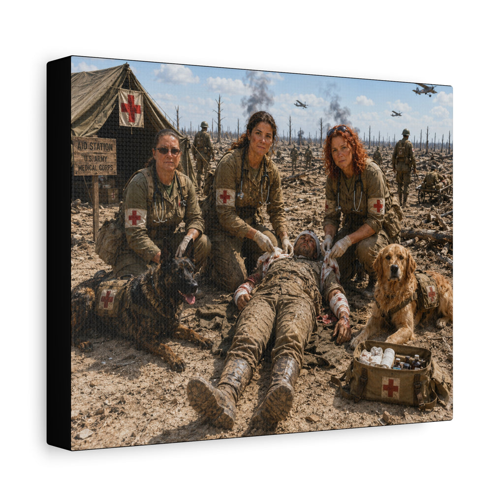 Military Women K-9 Medic Canvas Print — Battlefield Nurse Veterans Wall Art