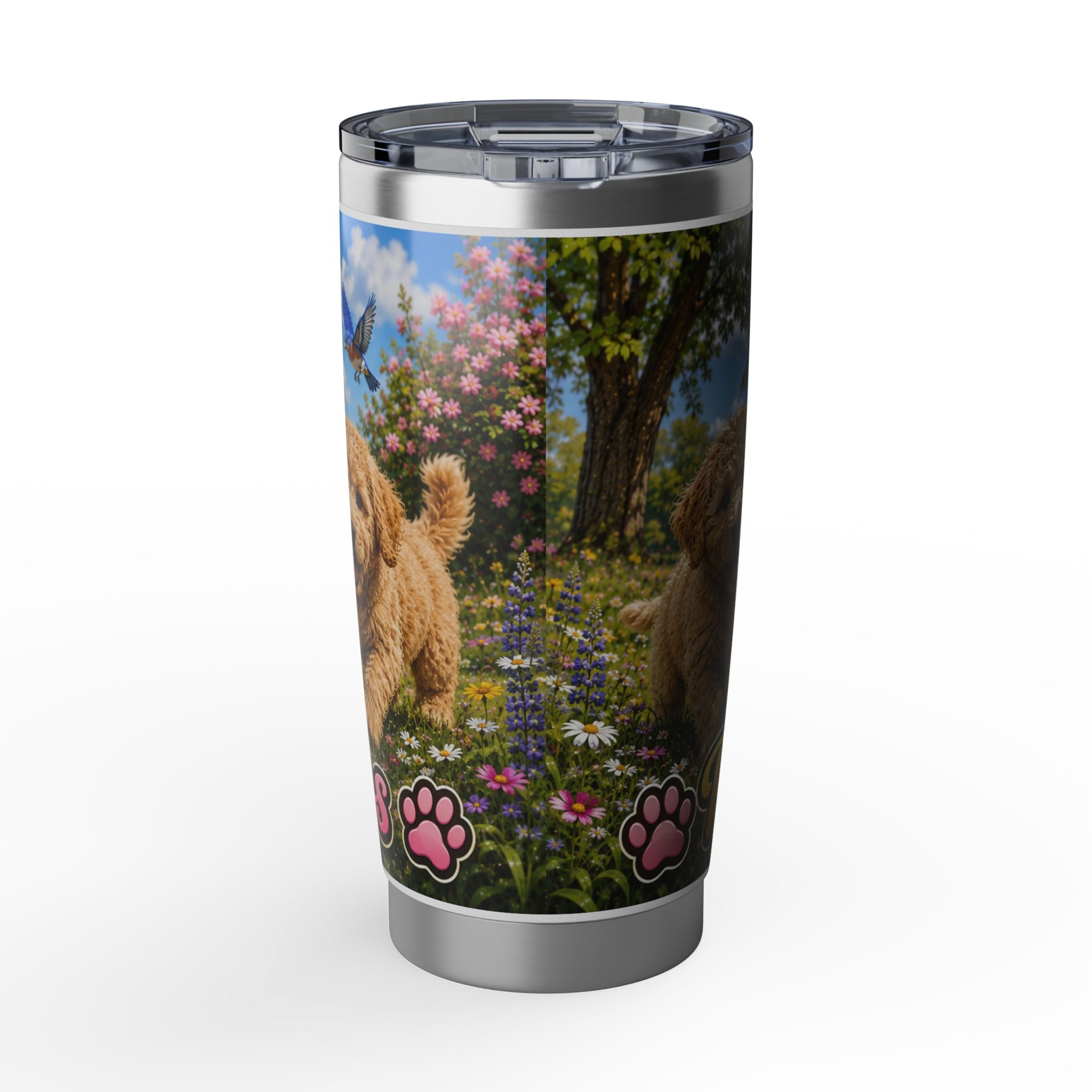 Playful Doodle 20oz Travel Tumbler — Dog Lover Insulated Cup with Scenic Paw Print Design