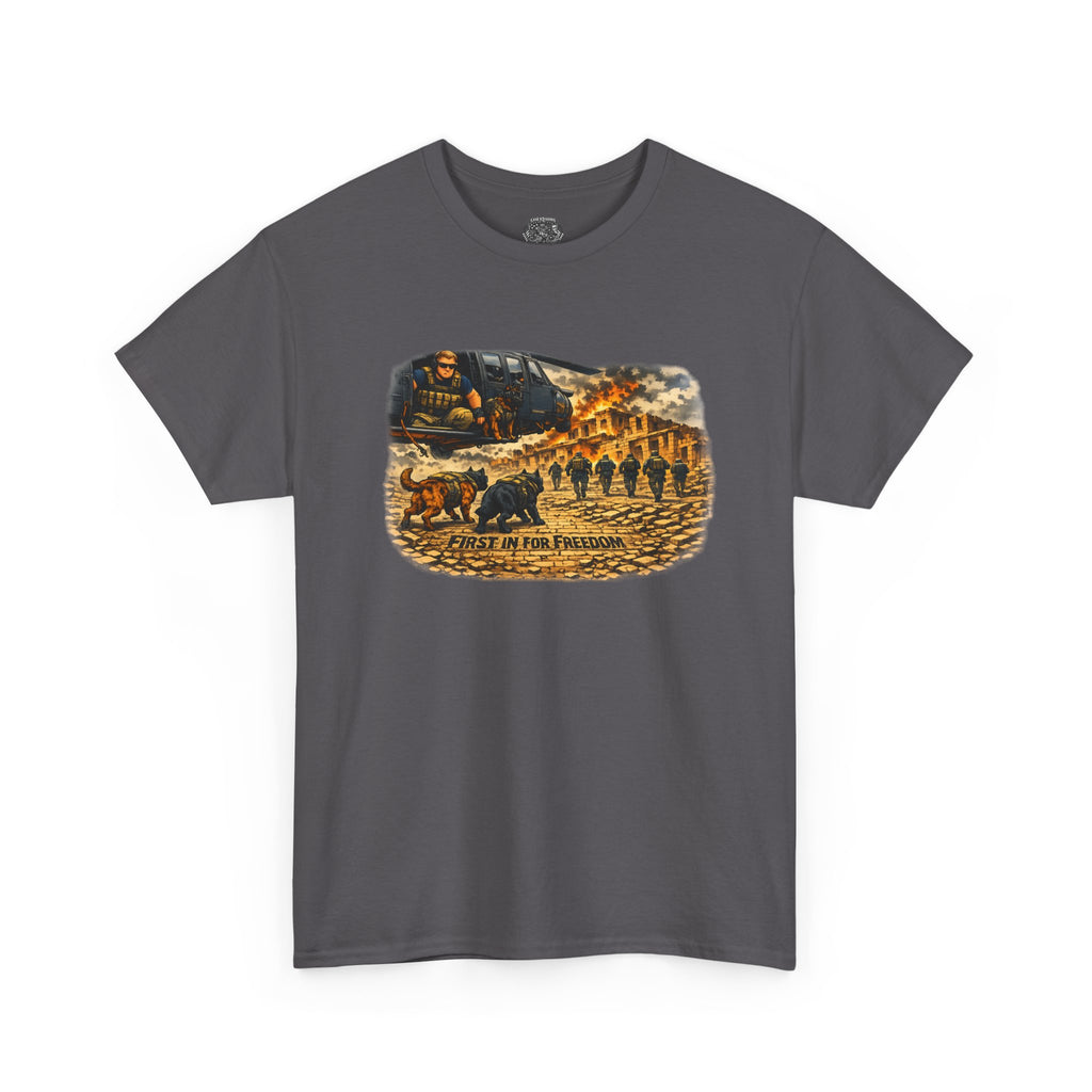 Military K-9 Freedom T-Shirt – "The First In to Battle" Graphic Tee