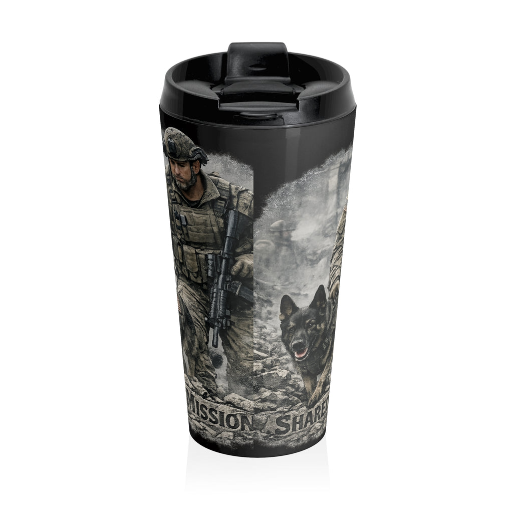 Tactical K9 Stainless Steel Travel Mug — Military Dog Handler Mission Shield Design
