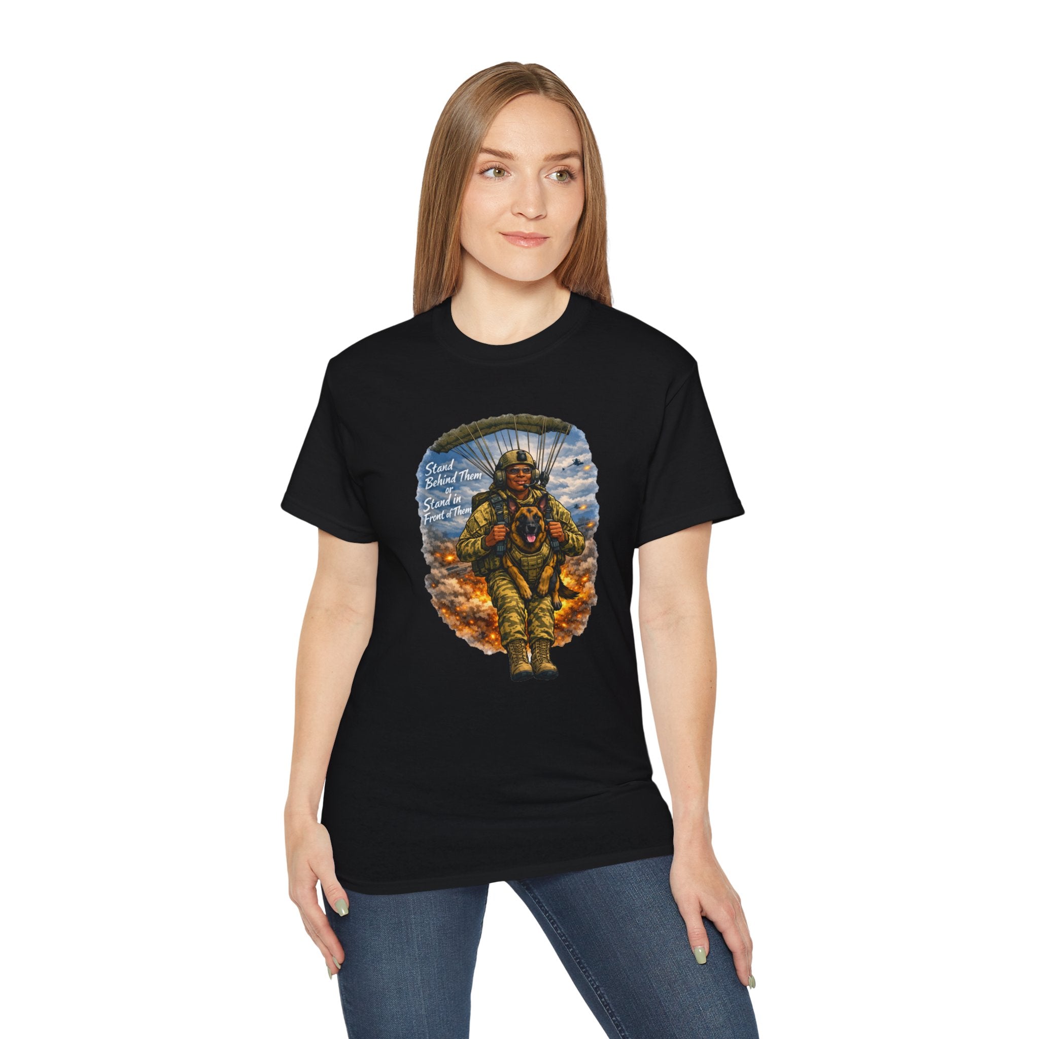 Paratrooper Veteran T‑Shirt – 'Stand Behind Those Who Served' Military Parachute Graphic Tee