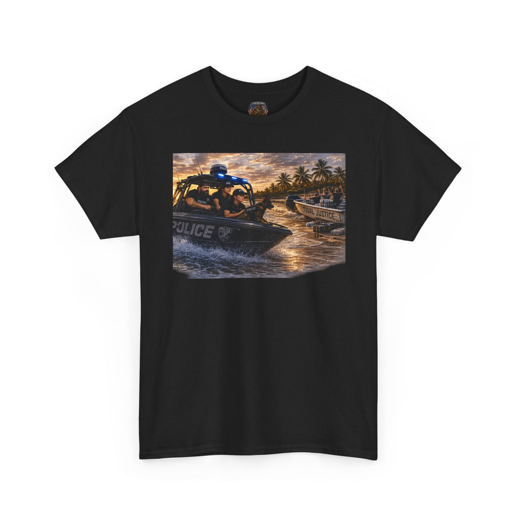 Police K-9 Rescue Boat T‑Shirt — Coastal Patrol Sunset Graphic Tee