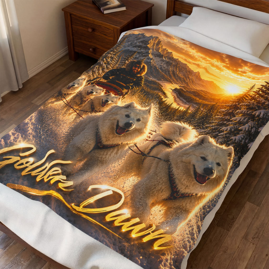 'Golden Dawn' Samoyed Sled Dogs Winter Scenic Throw-Velveteen Plush Blanket
