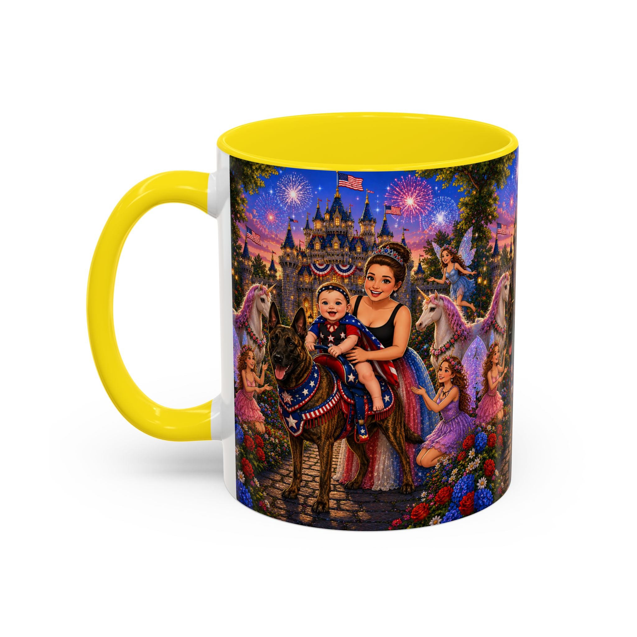 Patriotic Fairy Tale Coffee Mug — Family Castle, Fireworks & Unicorns