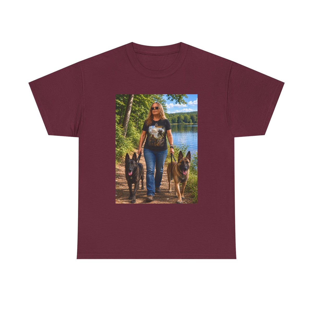 Dog Lover Photo Tee — Woman Walking German Shepherds Lakeside