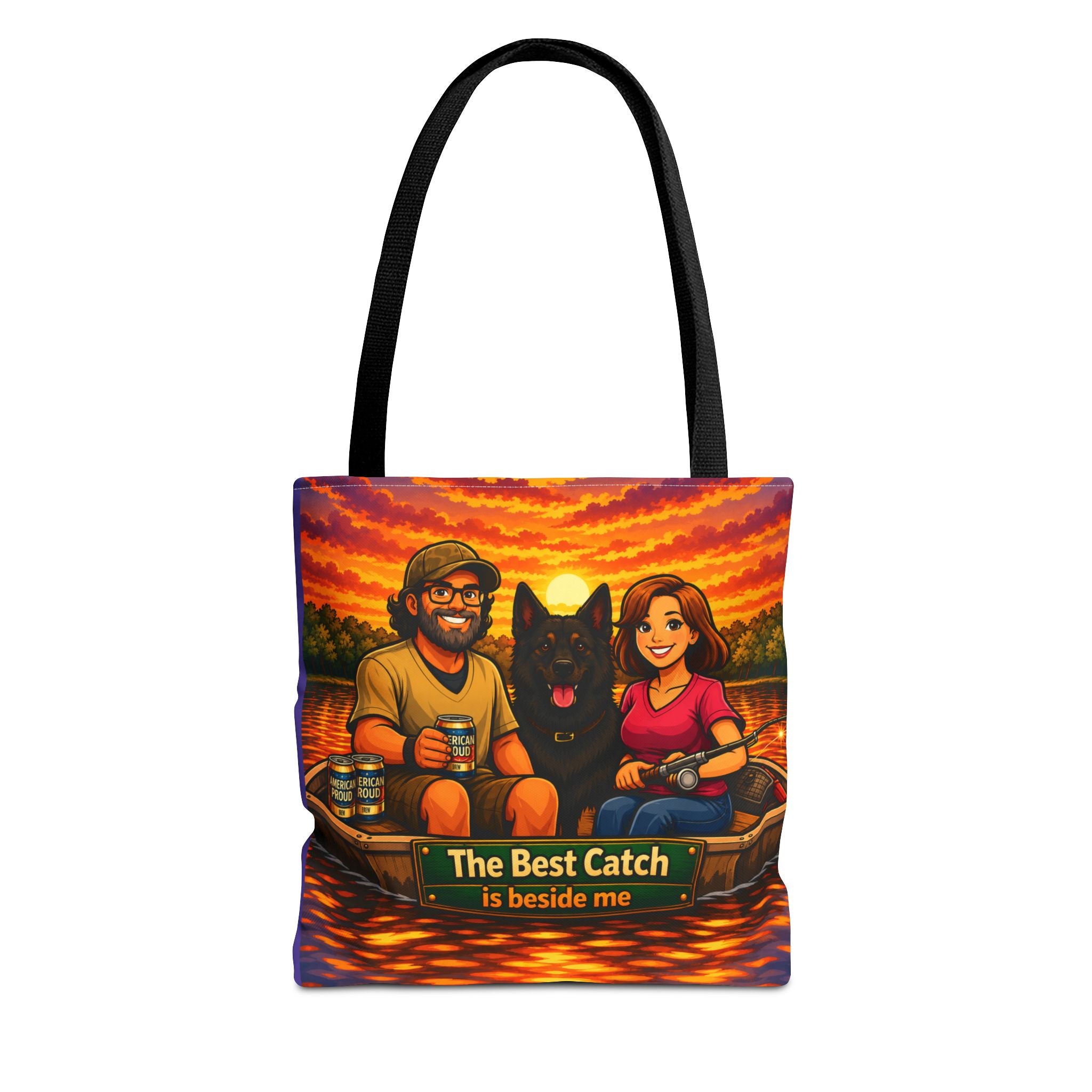 Tote Bag — "The Best Catch Is Beside Me" Fishing Couple & Dog Sunset Tote